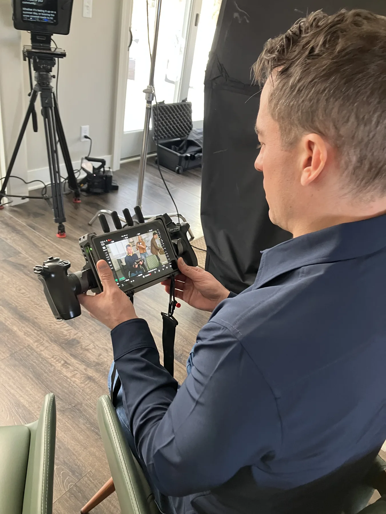 Sloan Inns reviews the Boer Insurance brand story framing and monitor playback during production.