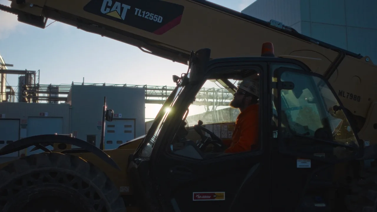 A worker drives a telehandler across the industrial site during an early-morning recruitment campaign setup.